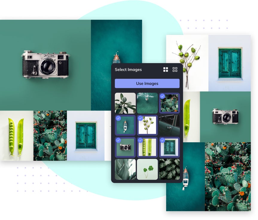 Collage wizard interface showing selected green-toned images of nature, objects, and photography